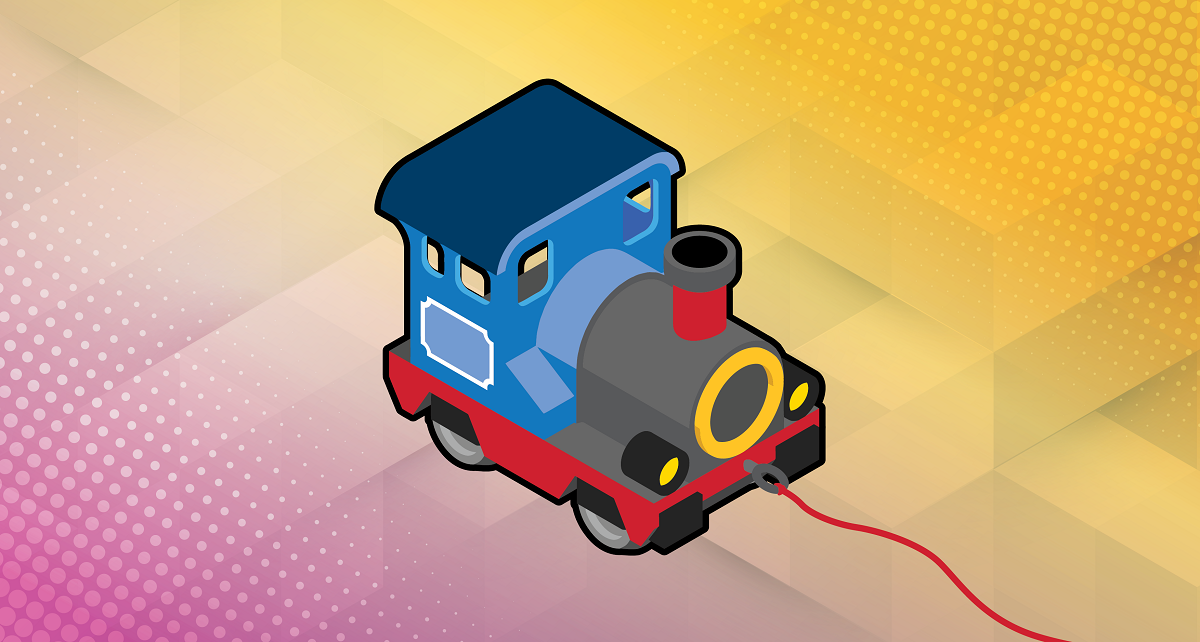 illustration of a blue toy train with a red pull string