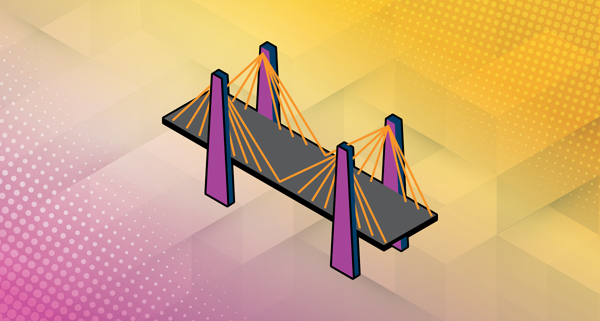 illustration of a suspension bridge on a pink and yellow background