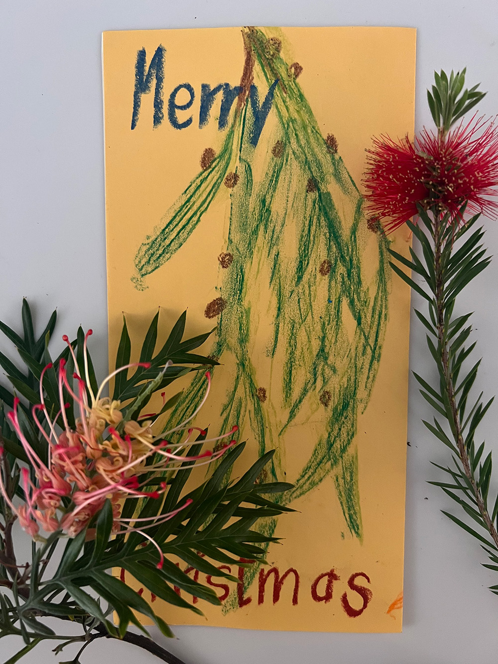 A Holiday car that's decorated with Australian flora and the phrase, "Merry Christmas"