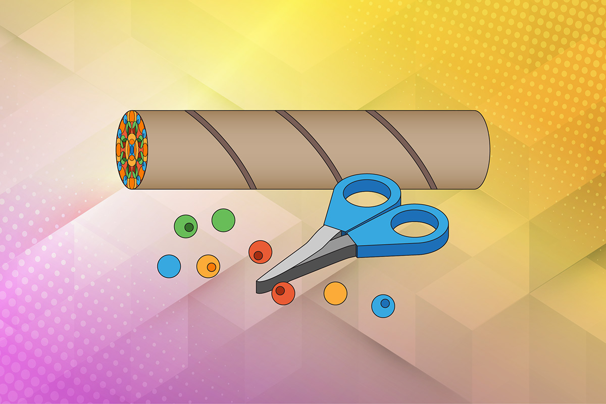 Cartoon graphic of a cardboard roll with some coloured ebads and a pair of sccissors next to it.