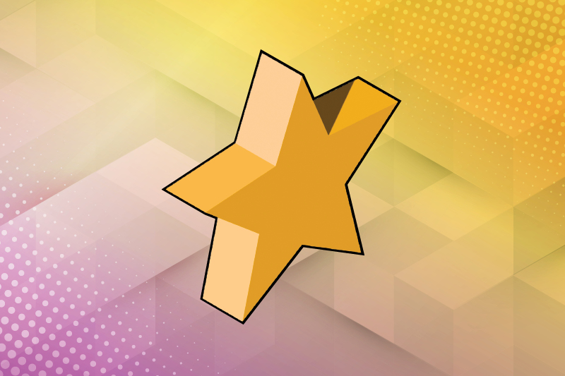 Isometic image of a 3D gold star on a blended yellow and pink background.