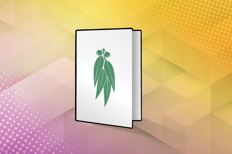 A cartoon graphic of a white card that has a gumleaf on the front of it.